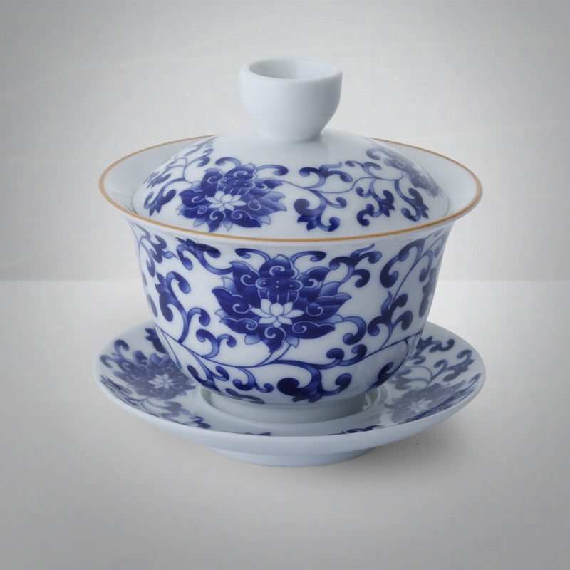 Blue & White China with gold desrciption