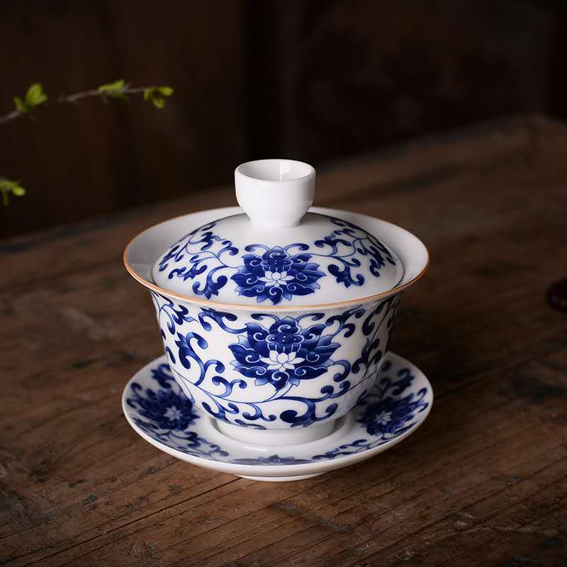 Blue & White China with gold desrciption