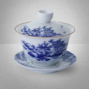 Blue & White China with gold desrciption