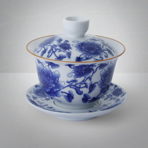 Blue & White China with gold desrciption