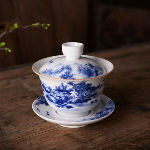 Blue & White China with gold desrciption